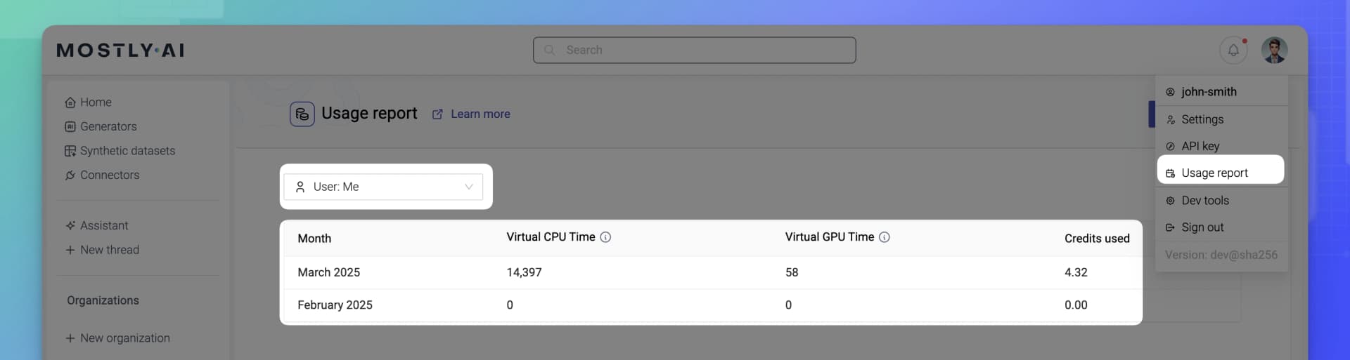 MOSTLY AI - Usage and credits - Monthly usage report